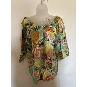 Linen Blend Hester‎ & Orchard Blouse Womens Floral Peasant Top Off Shoulder XL